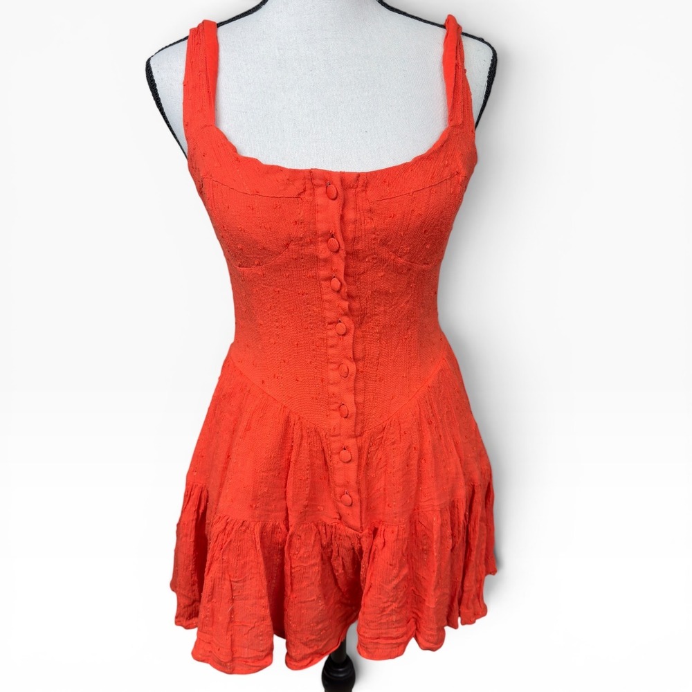 PQ Swim Mini Romper Womens XS/S Orange Red Clip Dot Metallic Tiered Ruffle Boho